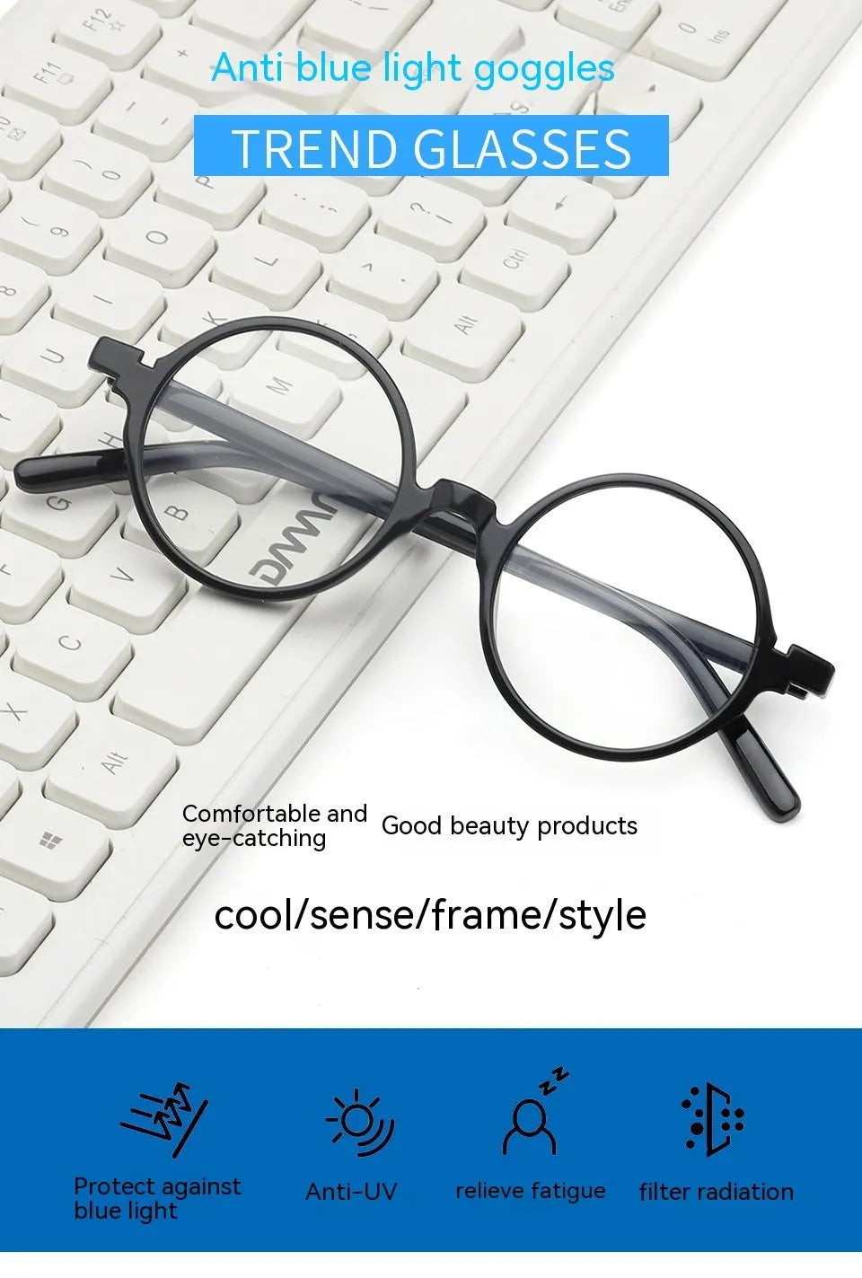 Retro round glasses with no diopters in bright black, sand black, tofu pudding, and transparent grey colours