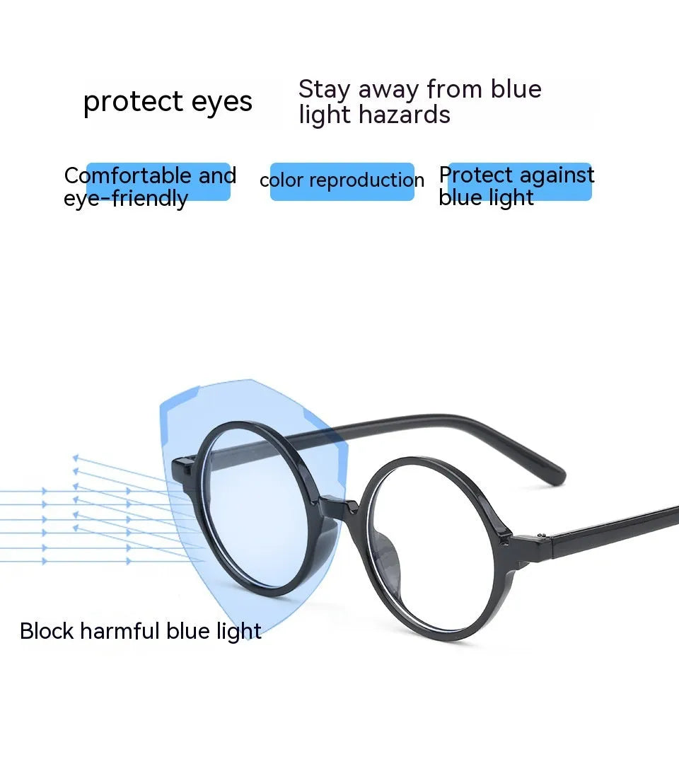 Retro round glasses with no diopters in bright black, sand black, tofu pudding, and transparent grey colours