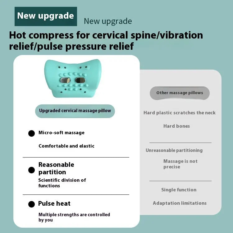 Blue-green portable cervical massage pillow with EMS and hot compress functions