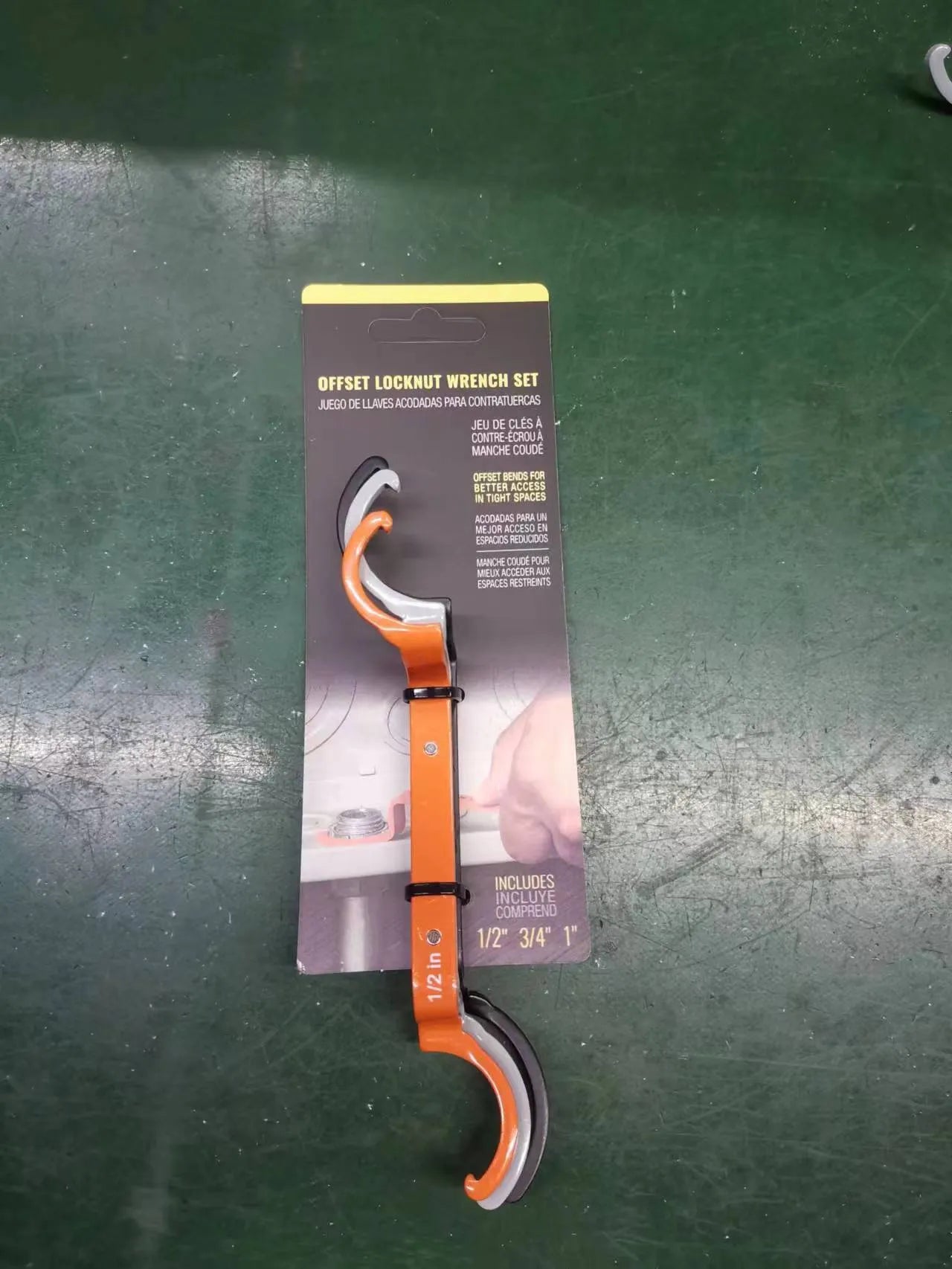 Crescent magnetic suction catheter locking wrench three-piece set showing orange, grey, and black wrenches.
