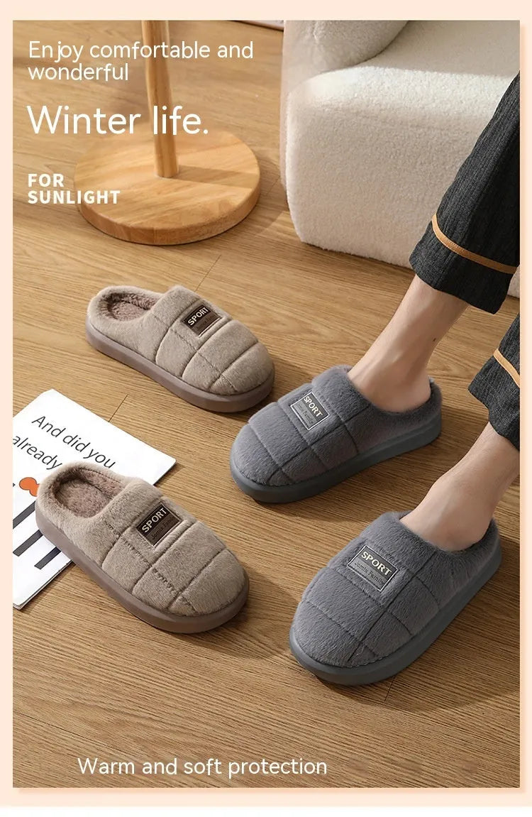 Men's grey and brown plaid rabbit hair winter slippers with artificial wool lining and EVA sole