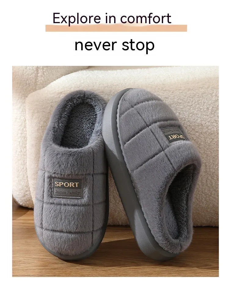 Men's grey and brown plaid rabbit hair winter slippers with artificial wool lining and EVA sole