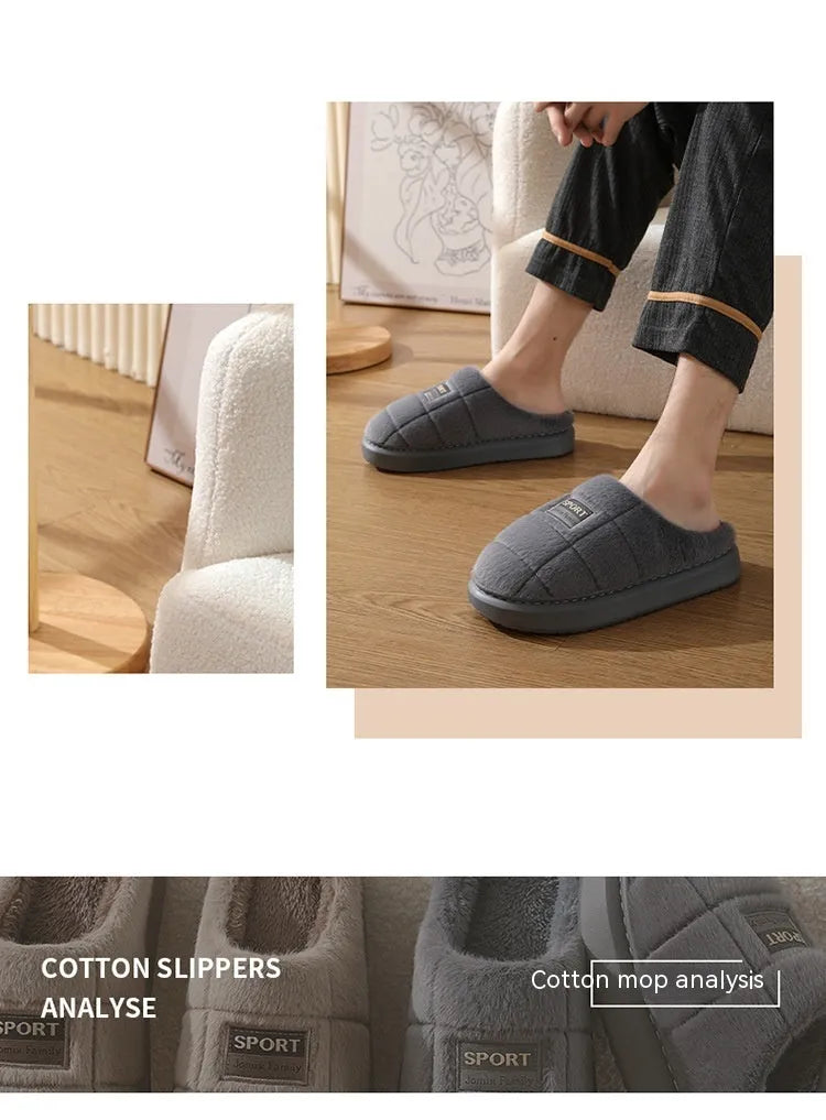 Men's grey and brown plaid rabbit hair winter slippers with artificial wool lining and EVA sole
