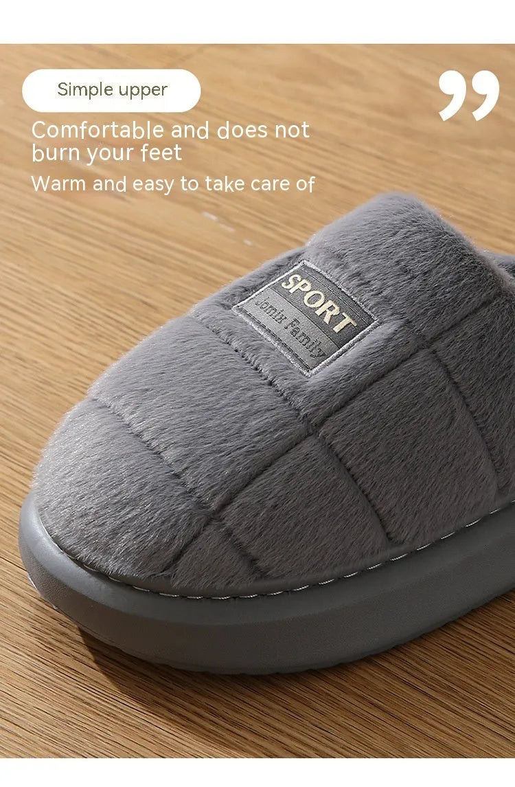 Men's grey and brown plaid rabbit hair winter slippers with artificial wool lining and EVA sole