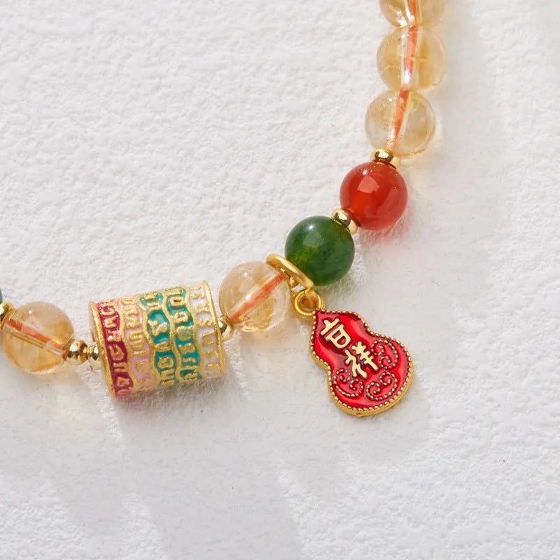 Hand-woven citrine five sutra bracelet with 6mm crystal beads and geometric design