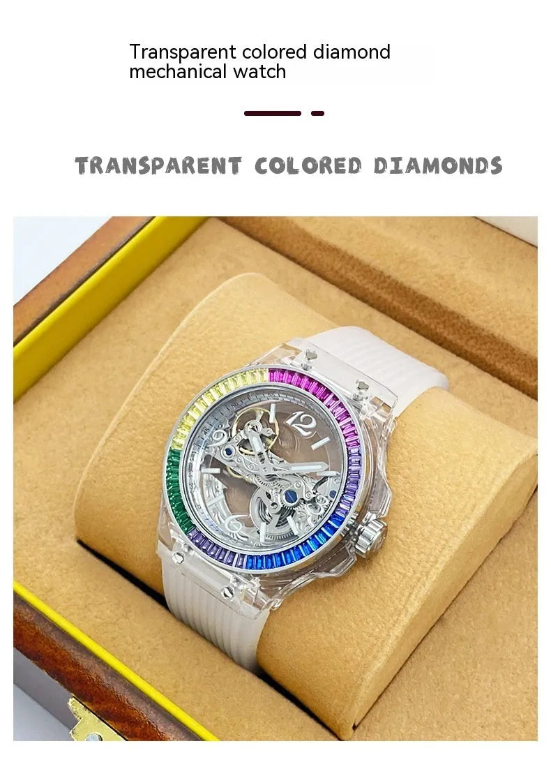 Full-automatic mechanical watch with hollow large dial, transparent surface, 14mm thickness, stainless steel back, white ribbon.