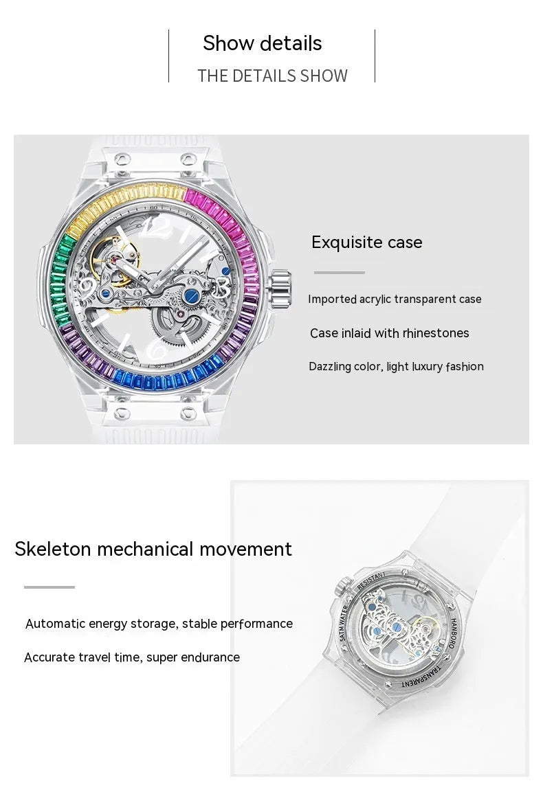 Full-automatic mechanical watch with hollow large dial, transparent surface, 14mm thickness, stainless steel back, white ribbon.
