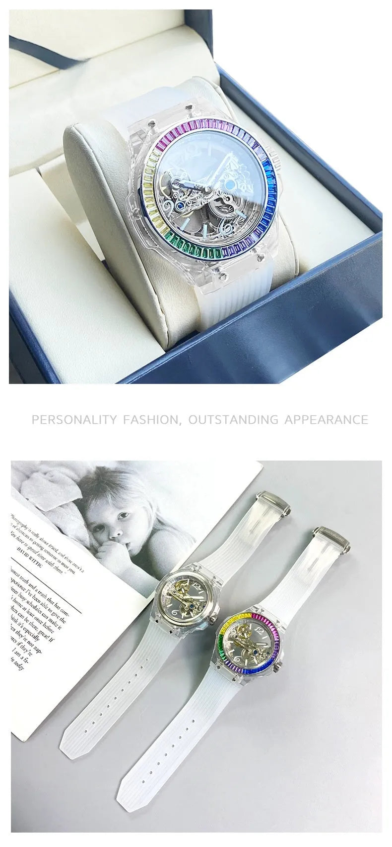 Full-automatic mechanical watch with hollow large dial, transparent surface, 14mm thickness, stainless steel back, white ribbon.