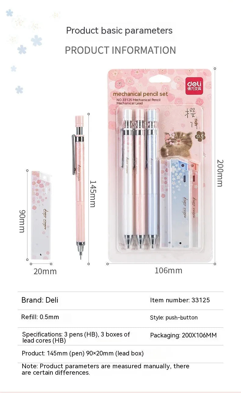 Cartoon automatic pencil set with 0.5mm HB lead and three refill boxes