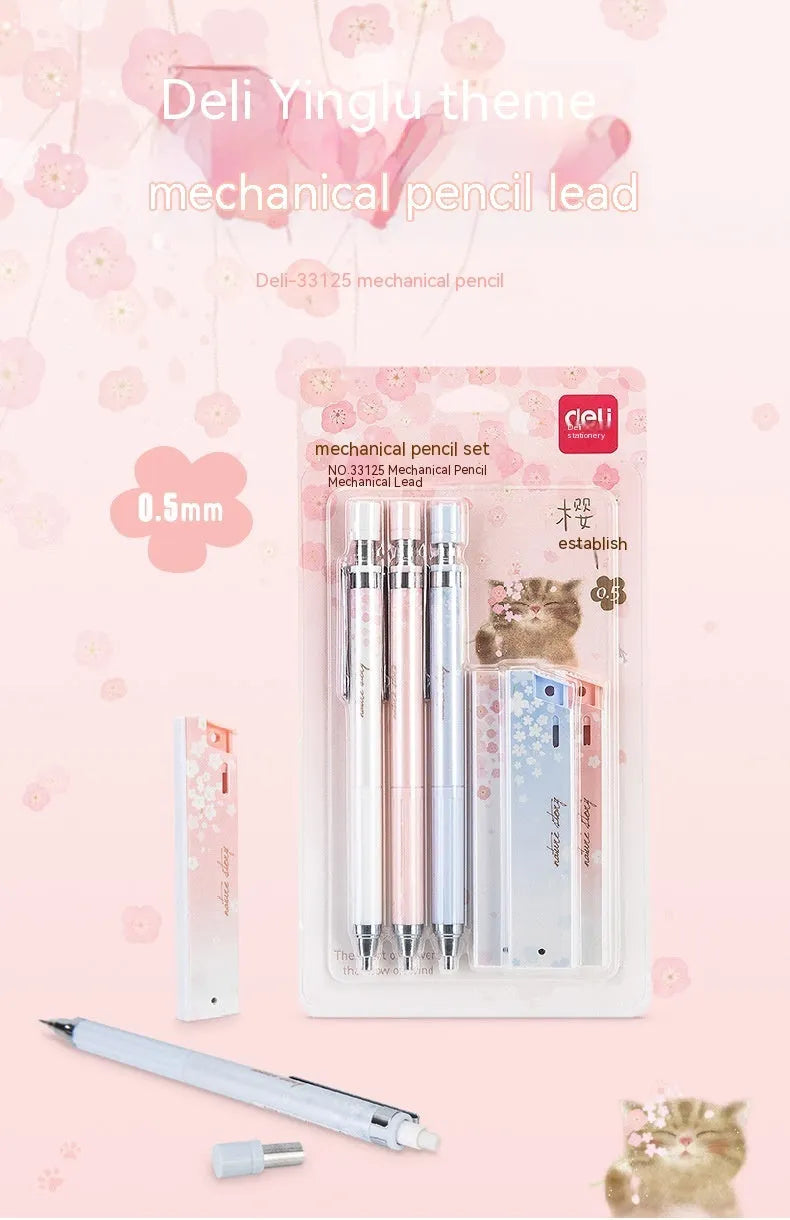 Cartoon automatic pencil set with 0.5mm HB lead and three refill boxes