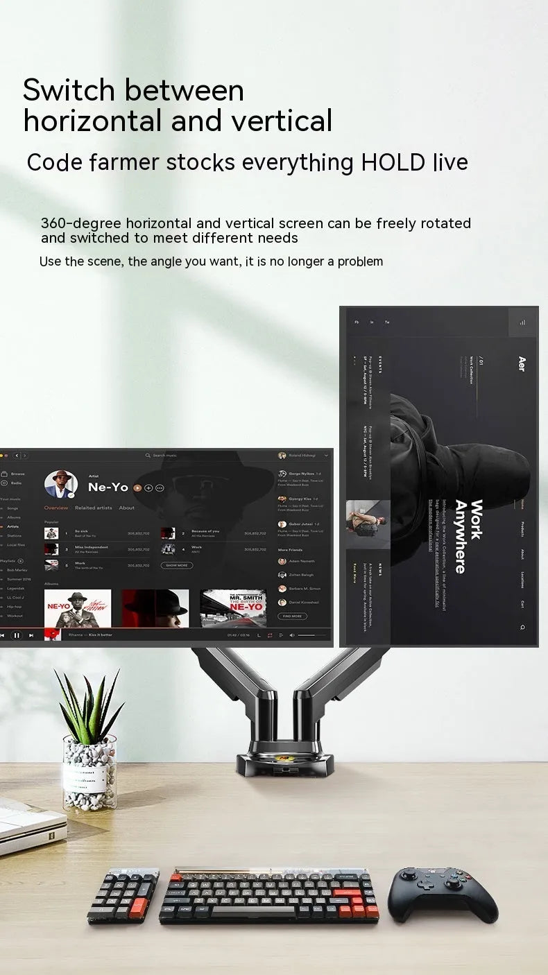 Aluminium dual screen monitor bracket with lift adjustment for VESA 75mm and 100mm mounts