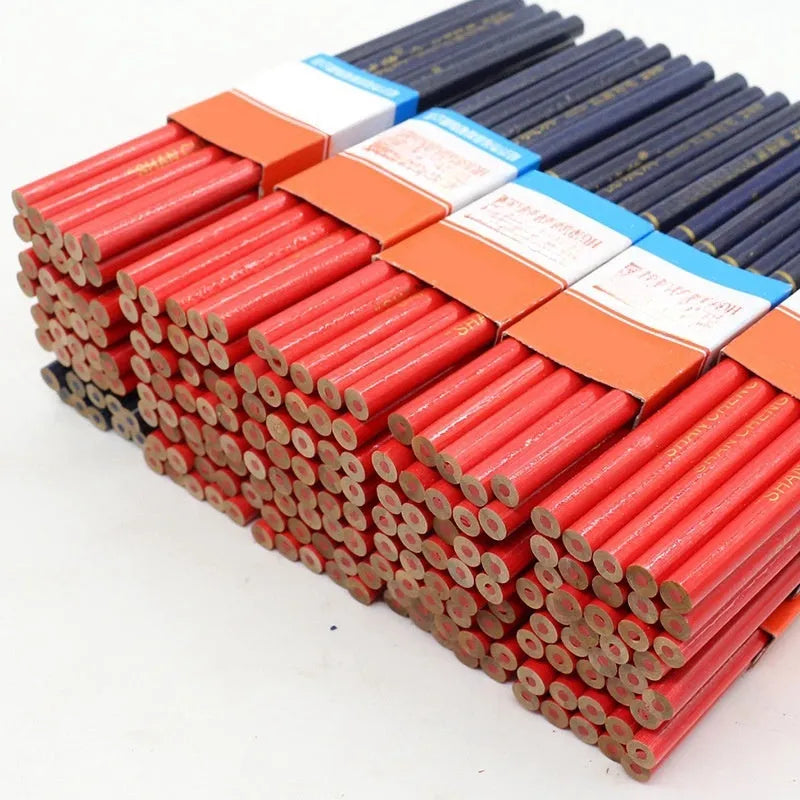 Red and blue wooden carpenter pencils with round barrels in 10-piece set for woodworking marking