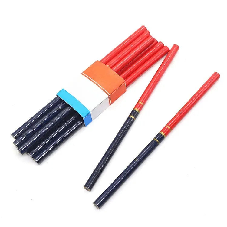 Red and blue wooden carpenter pencils with round barrels in 10-piece set for woodworking marking