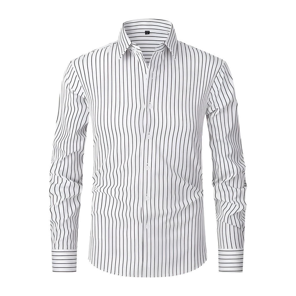 Men's slim fit striped long sleeve business shirt in ice silk polyester fabric.