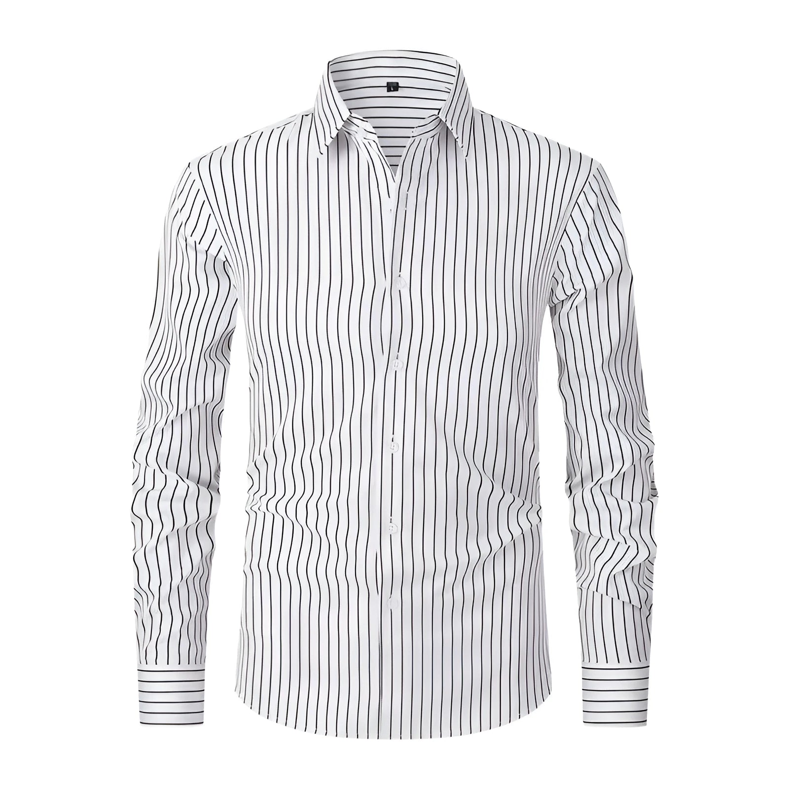 Men's slim fit striped long sleeve business shirt in ice silk polyester fabric.