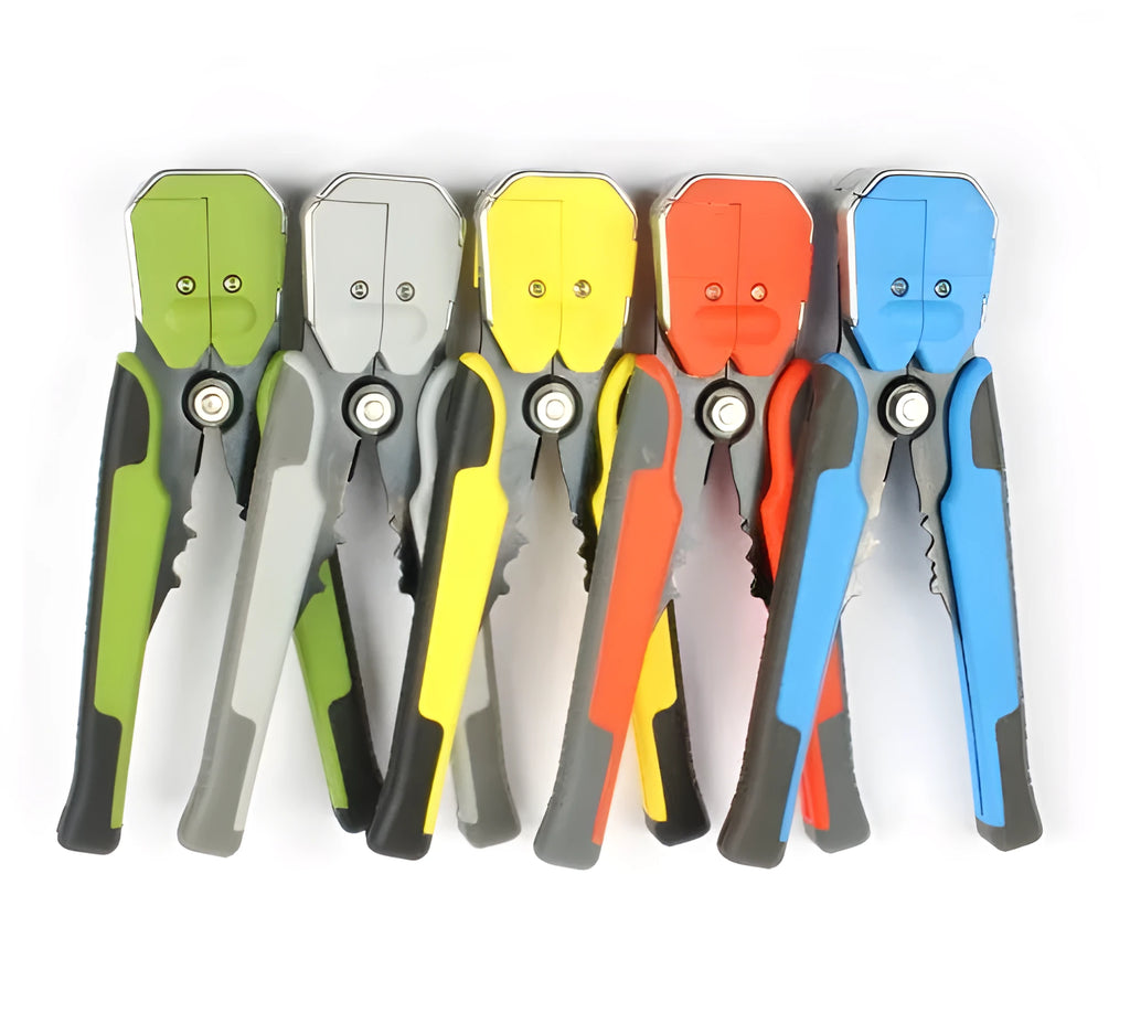 Yellow automatic wire stripper crimper cutter multitool with adjustment screw