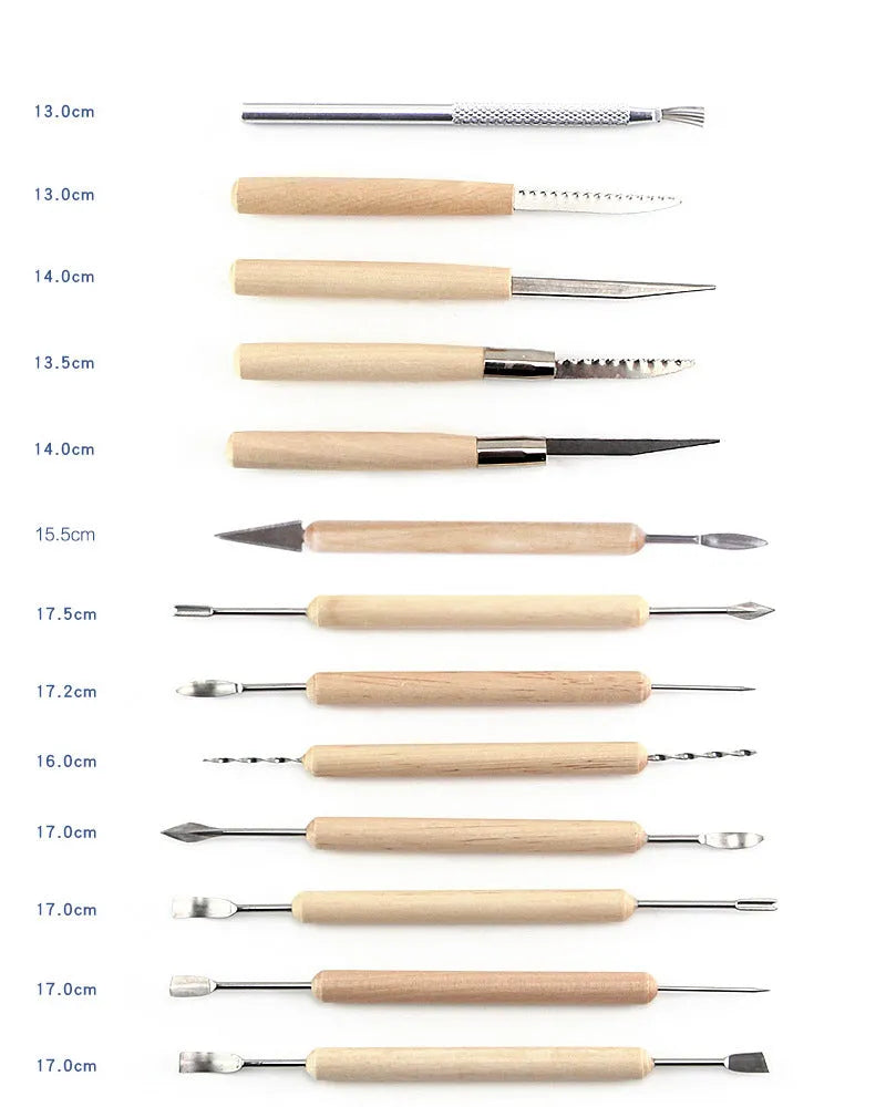 A 27-piece pottery clay tools set with wood, stainless steel, and plastic tools rolled up in packaging.
