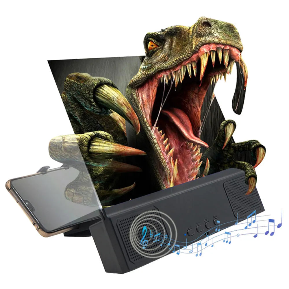 12-inch mobile phone screen amplifier with Bluetooth audio and ABS housing shown with smartphone