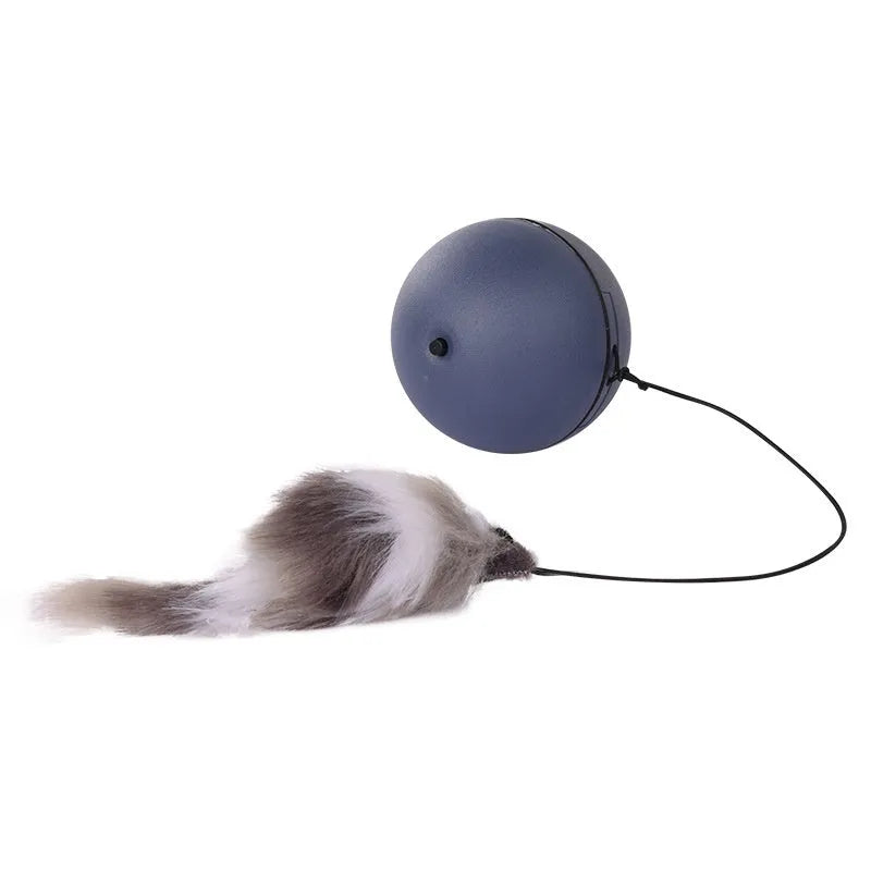 Automatic cat teasing ball toy with plush mouse attachment in blue orange colour
