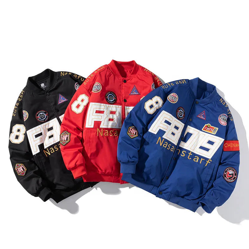 Men's black American Motorcycle Baseball Uniform jacket with detachable hood and side seam pockets