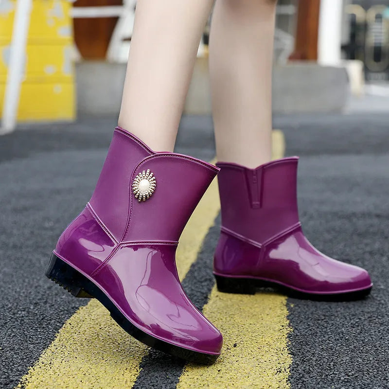 Women's middle tube PVC rain boots in beige colour with low tube socks design and warming thickness