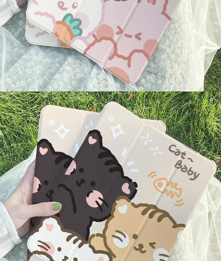 Silicone tri-fold protective case for iPad with cartoon rabbit design shown in flat and standing positions