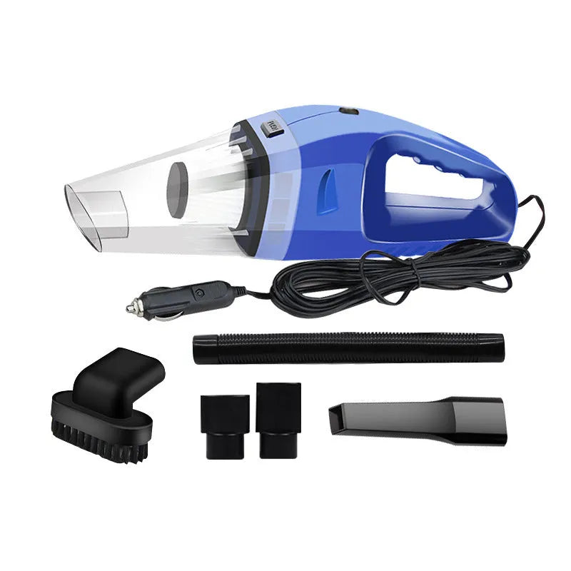 Orange 12V handheld car vacuum cleaner with nozzles on a car seat