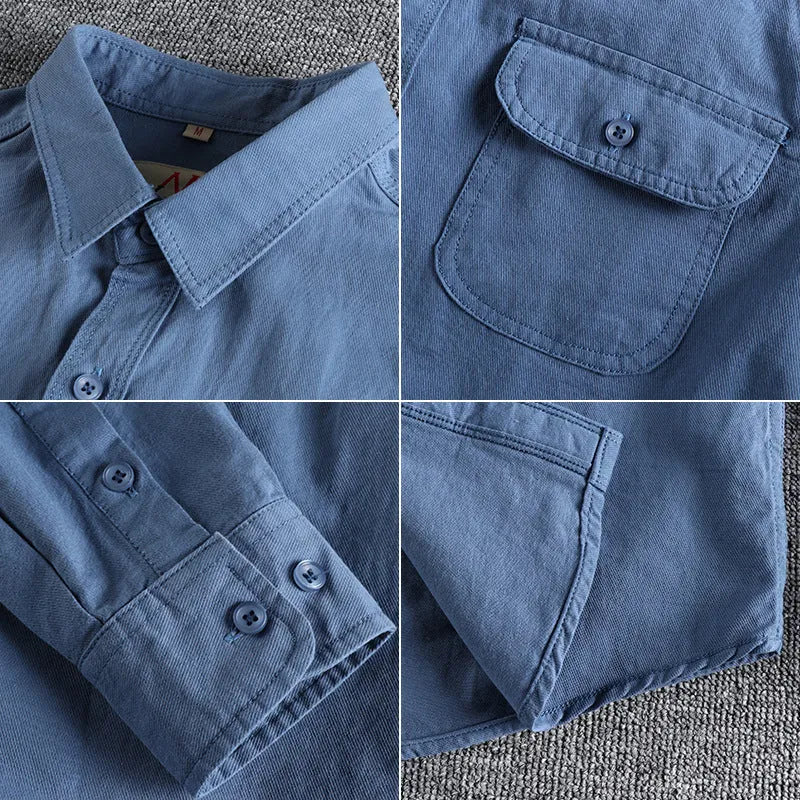 Men's solid colour cotton long sleeve shirt in cardigan style, shown in light blue.