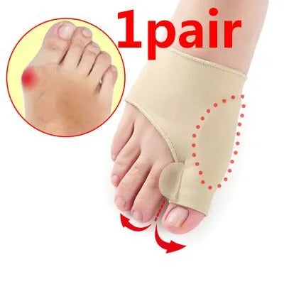 Corrective bunion relief sock with gel pad and silicone toe separator on a foot.