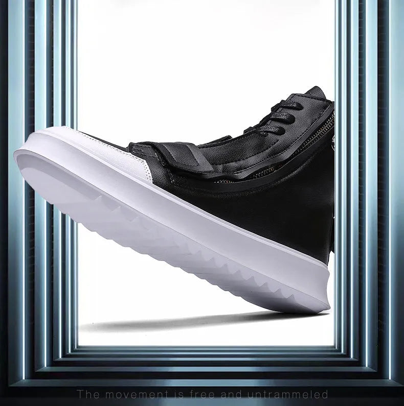 Men's black and white high-top sneaker style ankle boots made from PU leather microfiber for winter.