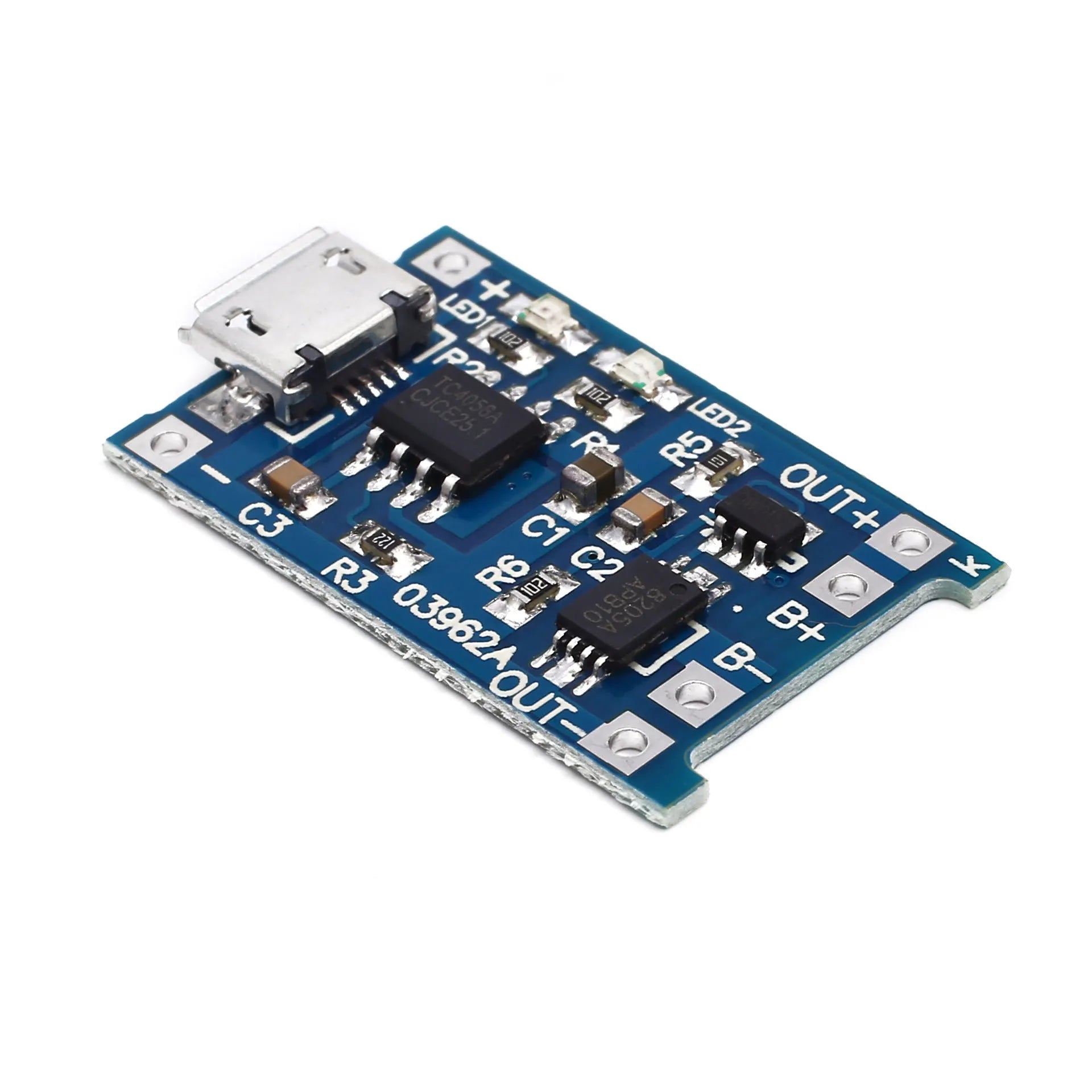 Blue lithium battery charging and protection circuit board measuring 2.6 by 1.7 centimetres.