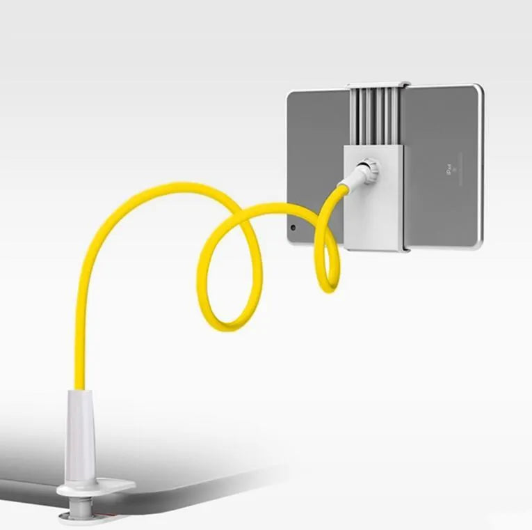 Black aluminium alloy bedside phone stand with a long flexible arm holding a mobile phone on a table.