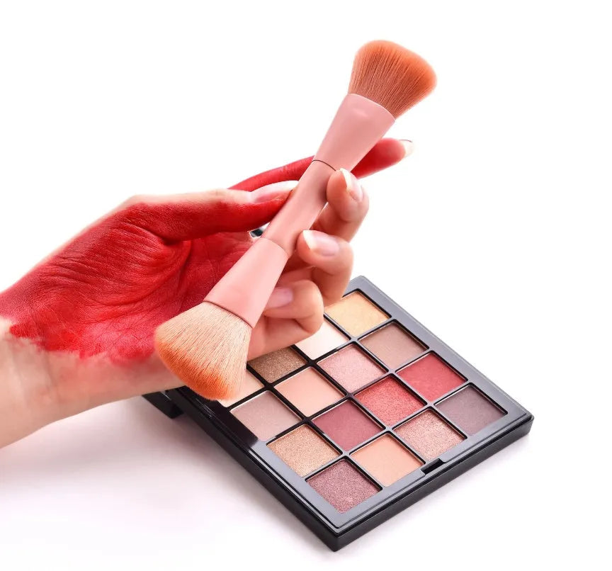 10-piece wooden handle makeup brush set with pink handles and nylon bristles arranged in case