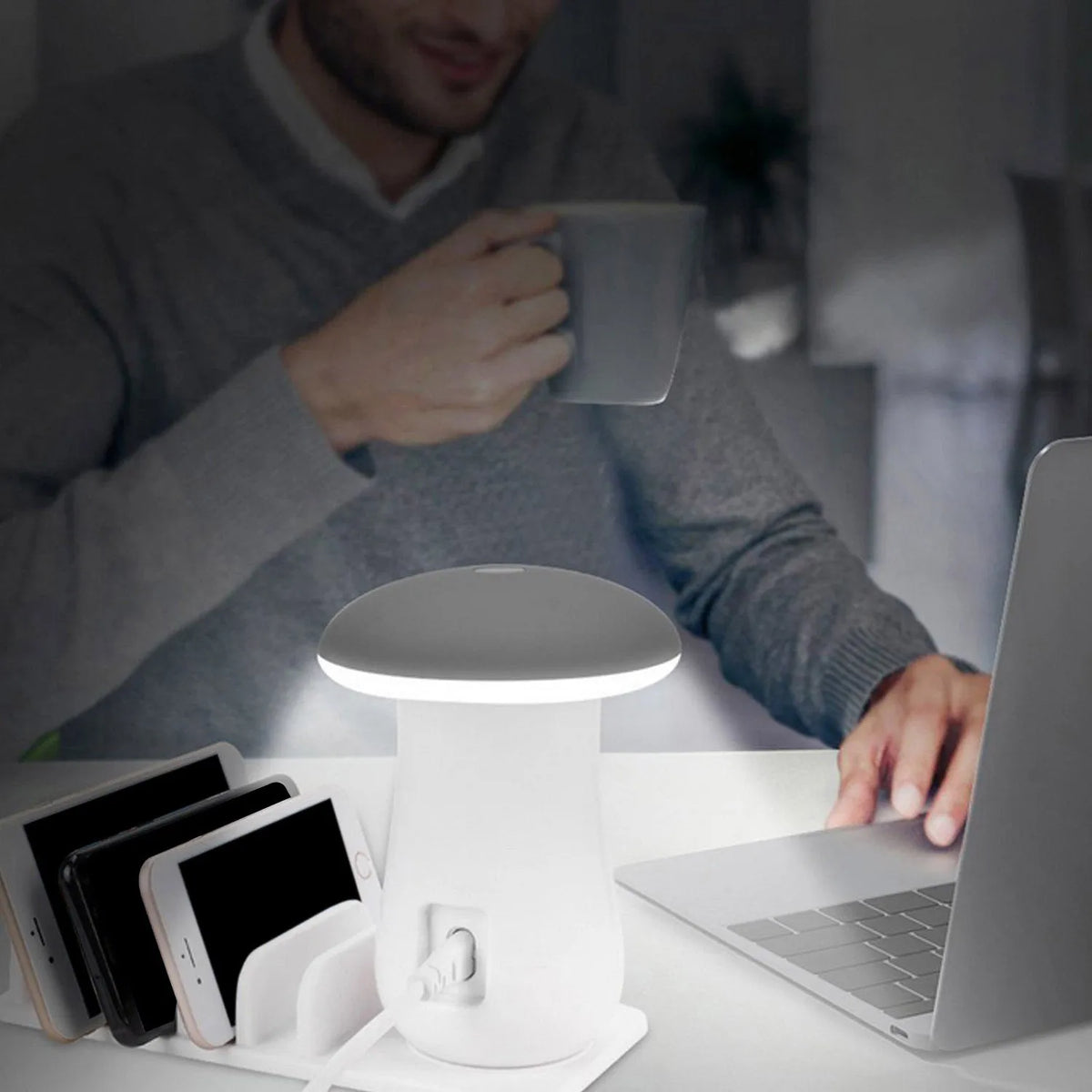 White mushroom-shaped LED lamp and 5-port USB charging dock station on a wooden desk.