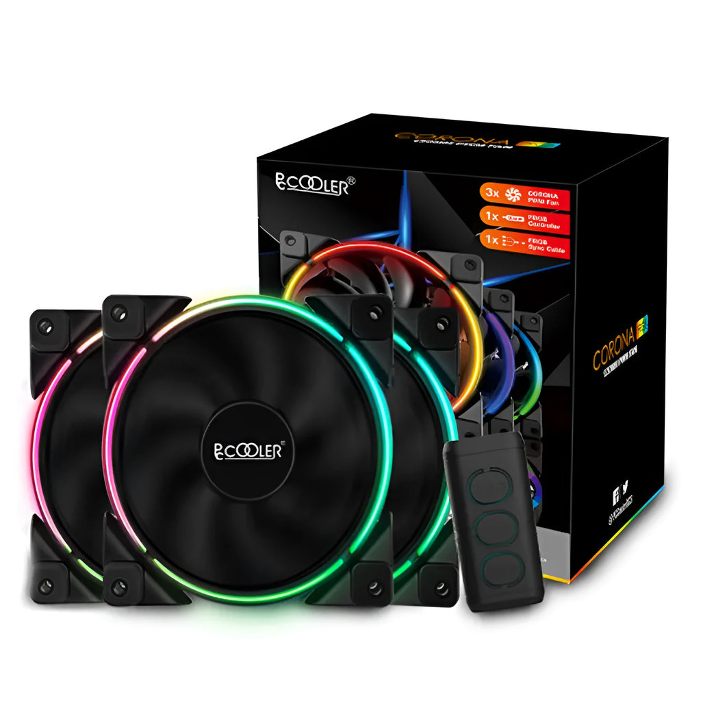 Set of three black 12cm PC case fans with illuminated RGB lighting on the blades.