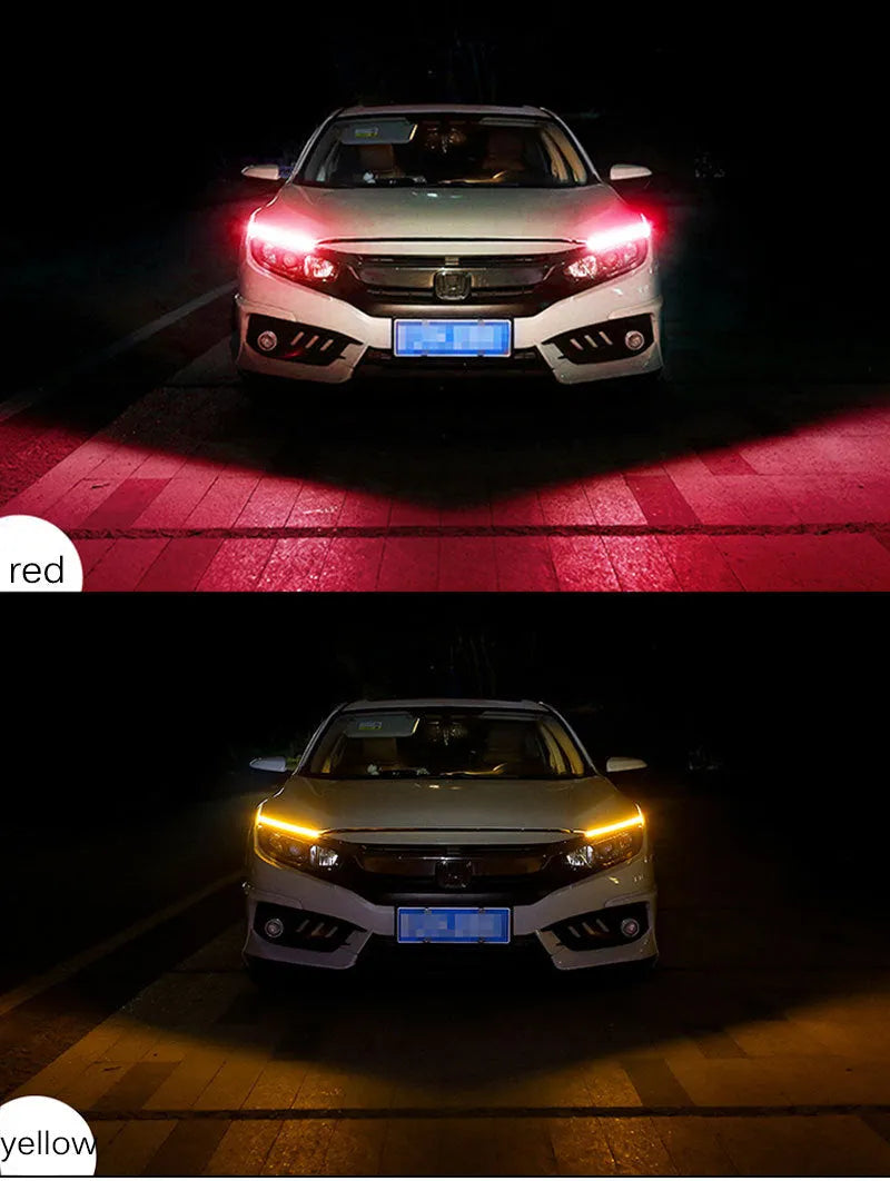 Flexible silicone car LED daytime running light strip with flowing turn signal in multiple length options