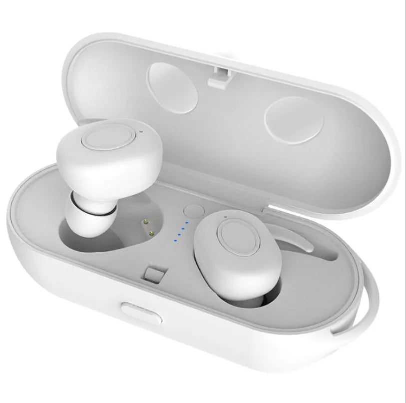 Compact wireless Bluetooth in-ear headphones in black, green, red, or white colours, designed for sports with noise reduction.