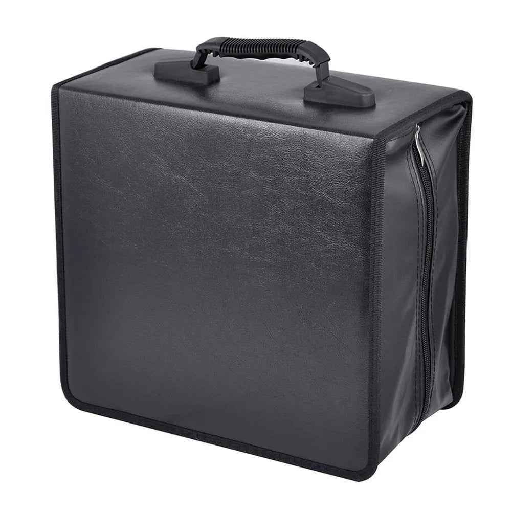 Black Oxford fabric CD storage organiser case with a zipper and top hand strap.