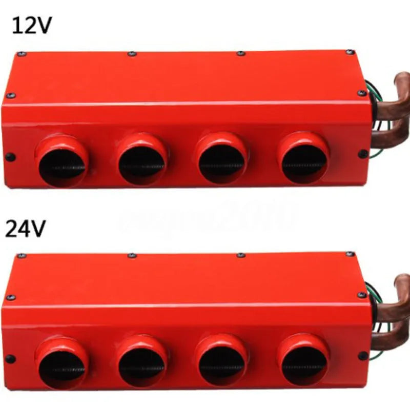 Compact metal 12V 24V car heater with four copper pipes and manual control, dimensions 34cm by 12cm by 8cm.