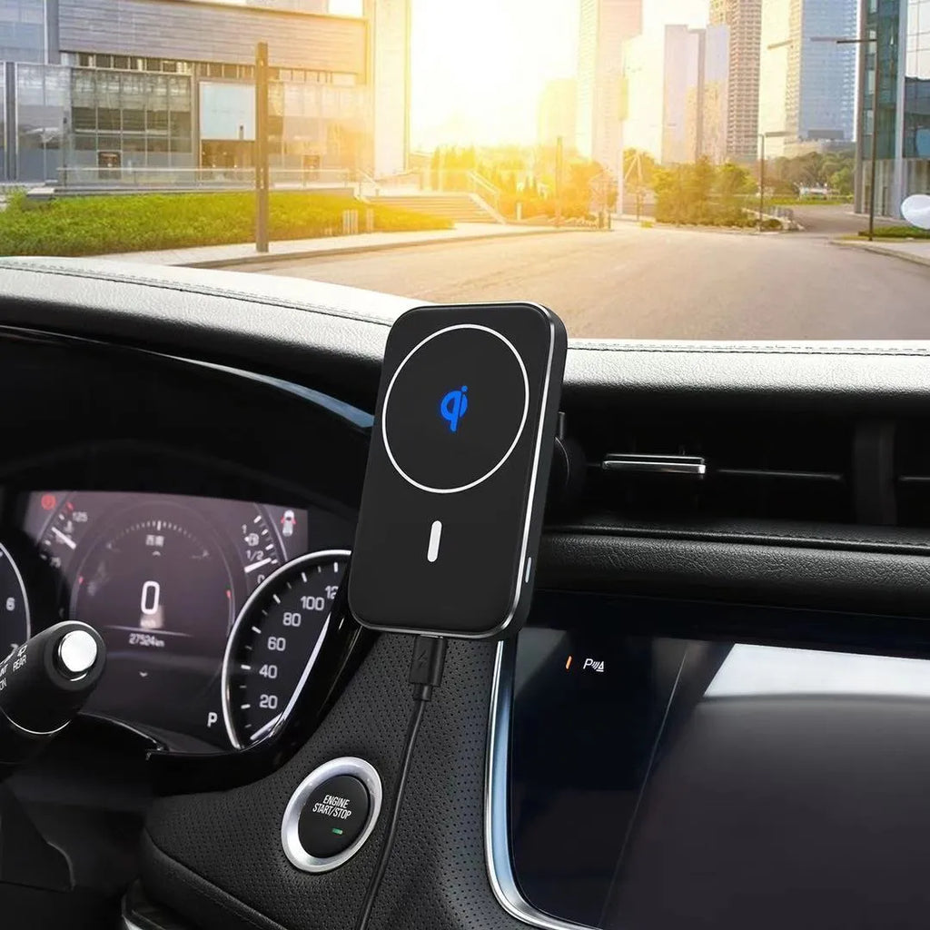 Black M6 magnetic car wireless charger mounted on vehicle dashboard with phone attached