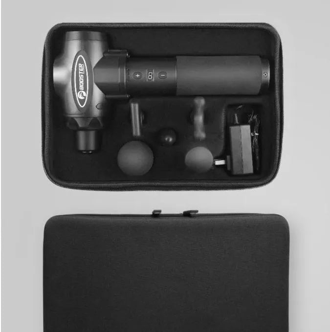 Black and white muscle massage gun with adjustable speed control and lithium battery power
