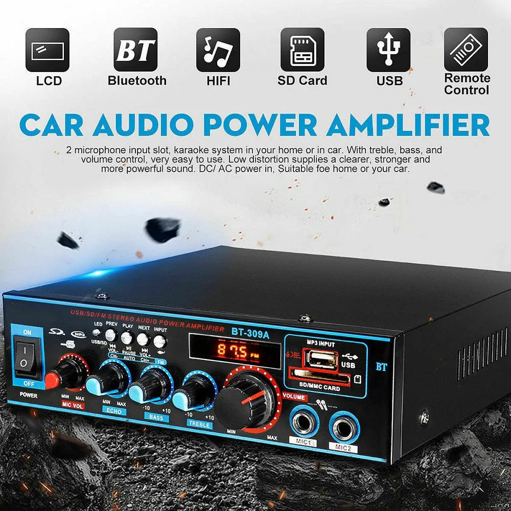 Black BT-309A-A dual-voltage amplifier with Bluetooth recording, iron chassis, front panel controls and wire clamp connections