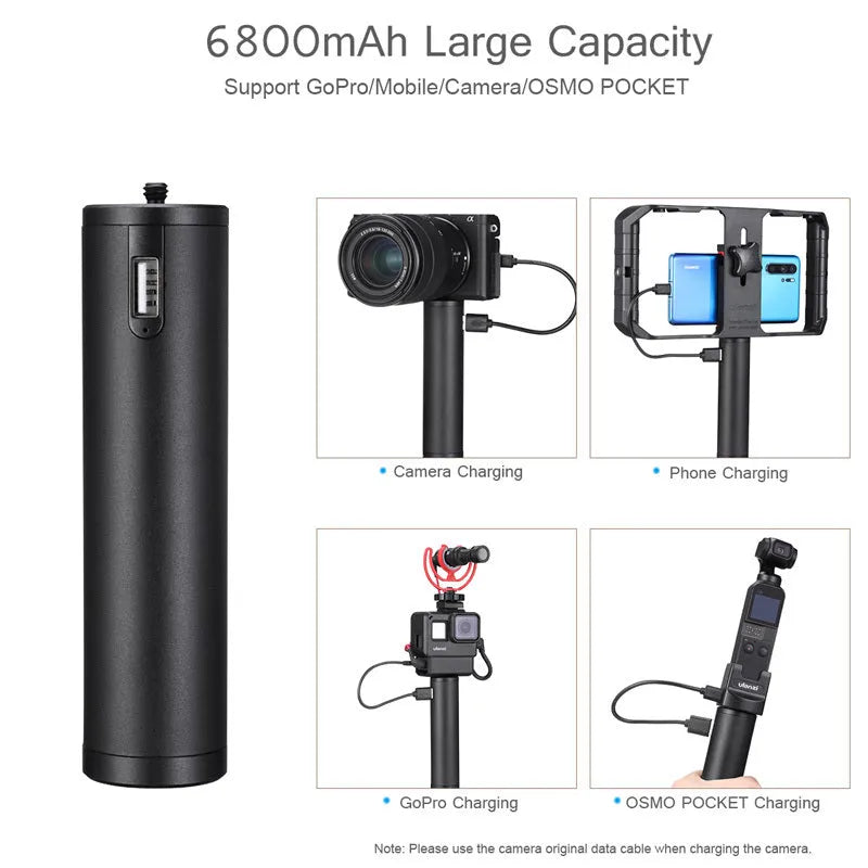 Black aluminium power bank with 6800mAh capacity measuring 12.5cm long