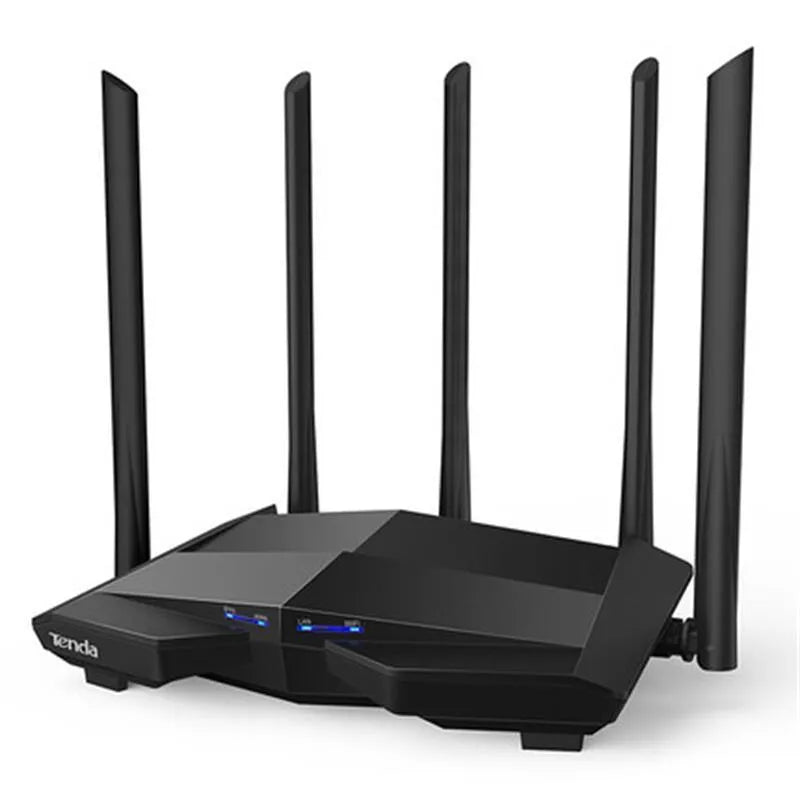 Black AC11 Gigabit wireless router showing four network ports and compact size of 220x141.5x49mm.