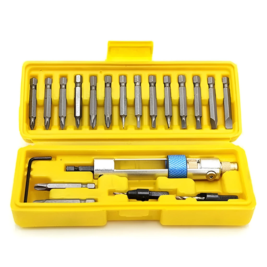 Half Time Drill adapter set with swivel head driver, Phillips bits, flathead bits, and countersink bits.