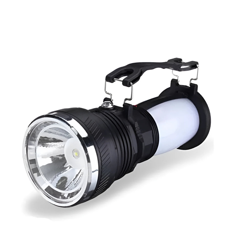 Black solar-powered LED flashlight with USB charging port.
