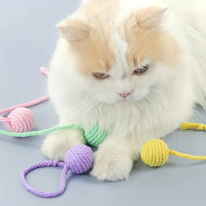 Colourful cat toy ball with rope attachment and built-in bell for interactive play