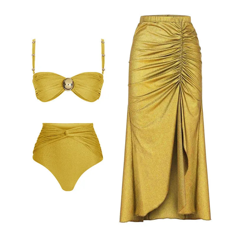 Women's green high waist split bikini swimsuit with a matching skirt on a mannequin.