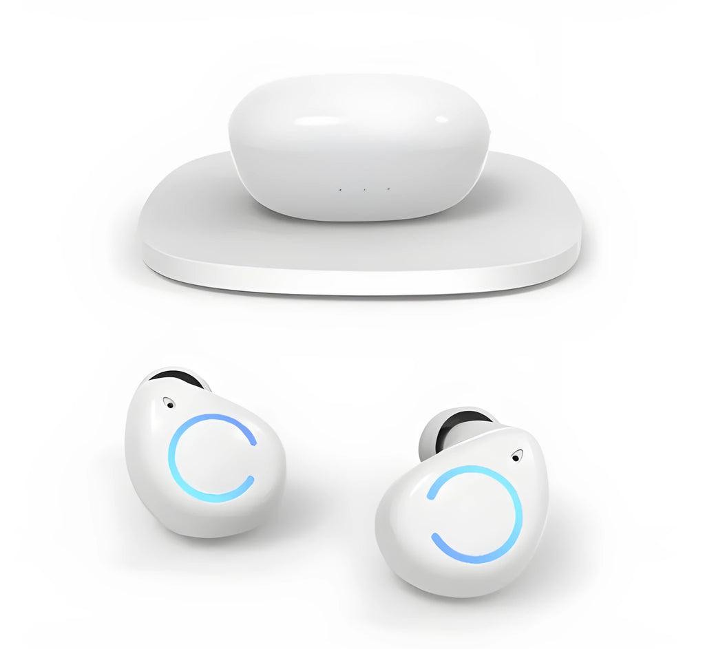 Black and white M18 true wireless in-ear Bluetooth headset with compact charging case.