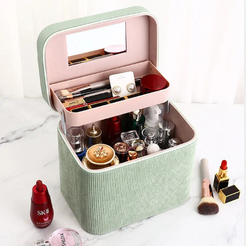 Corduroy cosmetic storage box with solid colour pattern and polyester cotton lining